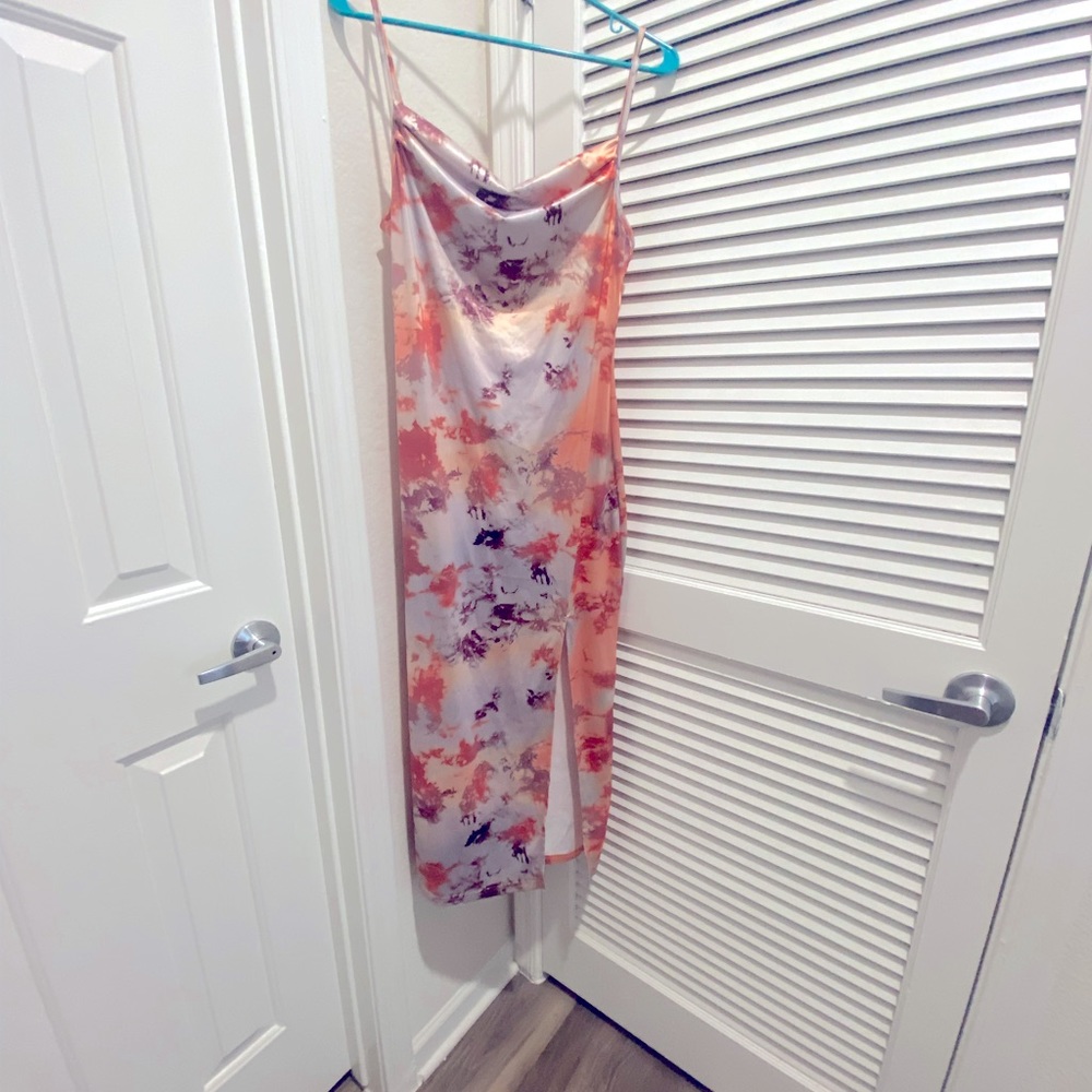 Multi colored silk bodycon slit spaghetti strap dress.